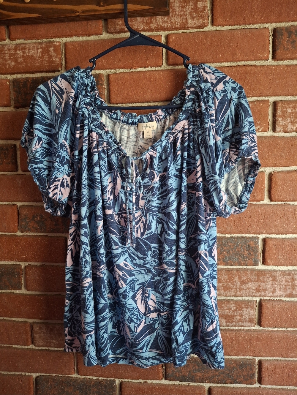 Style & Co. Blue and Pink Floral Peasant Blouse